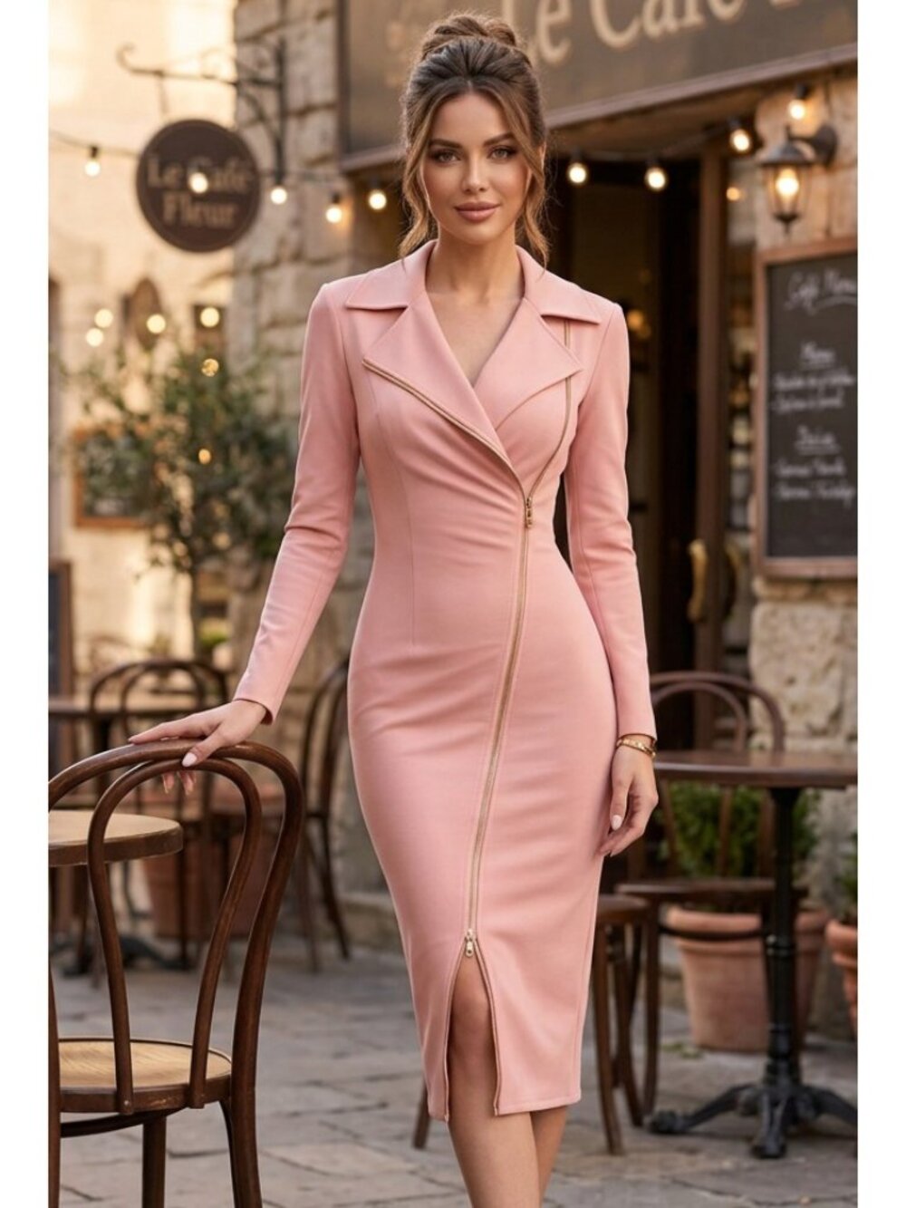 Asymmetrical Zip Jacket Blazer Dress Notched Lapel Long Sleeve Sleek Pencil Midi